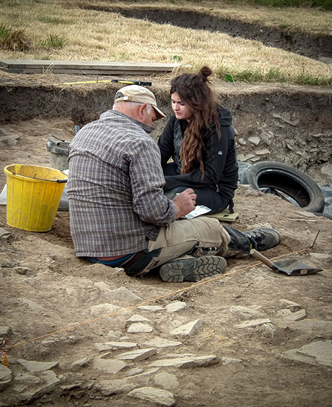 Colin and Arran trowelling a section of the Trench J extension this afternoon.