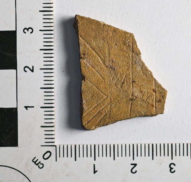 A tiny fragment of decorated stone, recovered last week during processing of environmental samples from Structure One’s floor deposits.